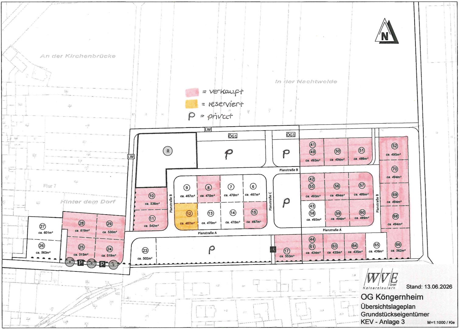 Vermarktungsplan Baugebiet Köngernheim-Ost, Planstand 13. Juni 2026